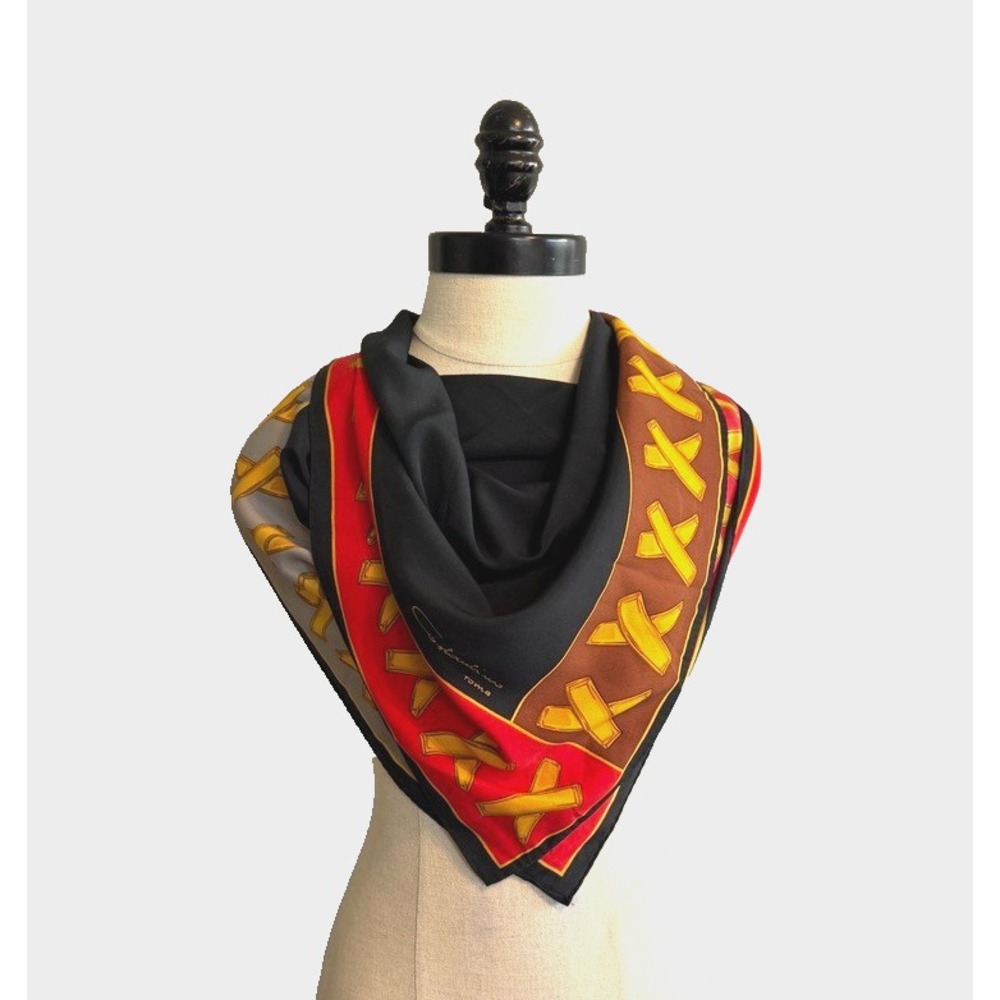 Costantino Roma VTG 100% Silk Scarf Black Red Gold Italy 34in Square Foulard